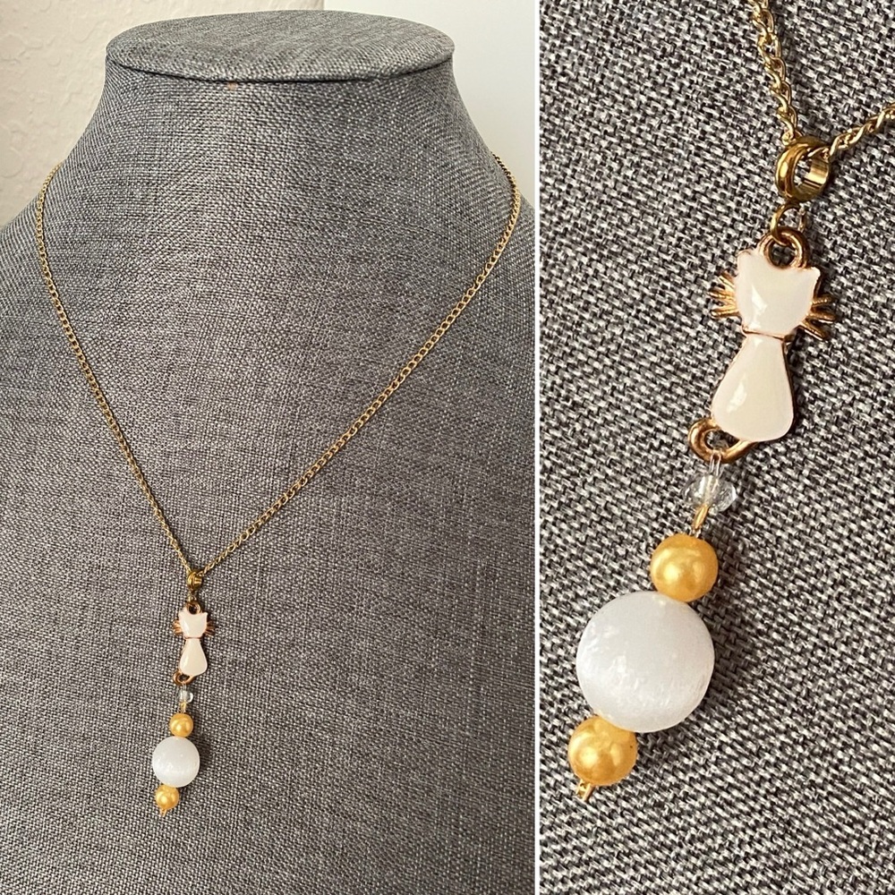 Healing Selenite & Gold Glass Bead Kitty Cat Crystal Charm Necklace White Witch